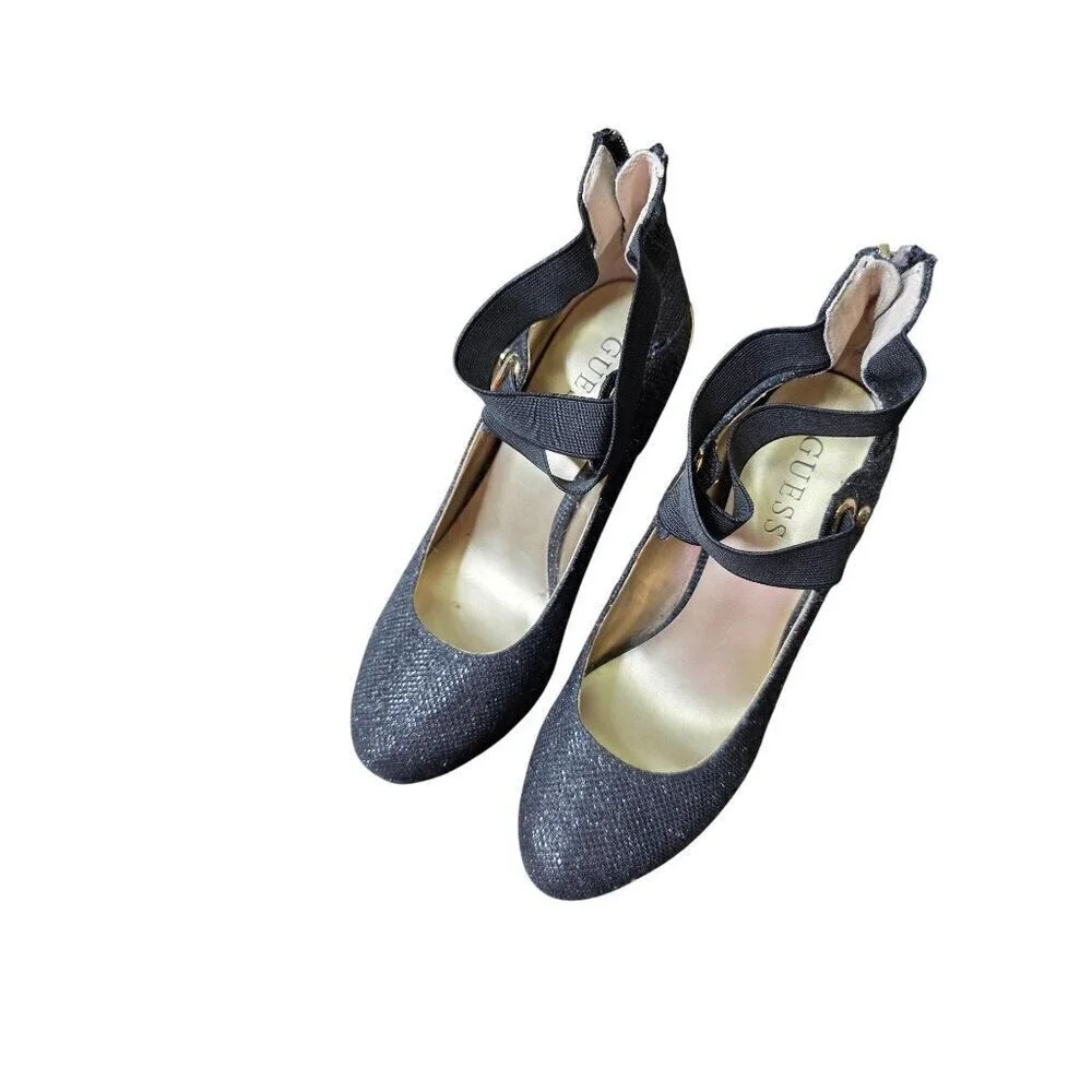 Guess Black‎ Glitter Fabric Platform Heels With Back Zipper & Ankle Strap 8.5M